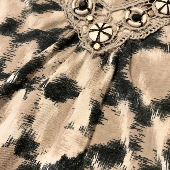 Ruby Rd Blouse Small Women Beige Black Artsy Embellished V-Neck BohoChic Summer - Picture 10 of 14